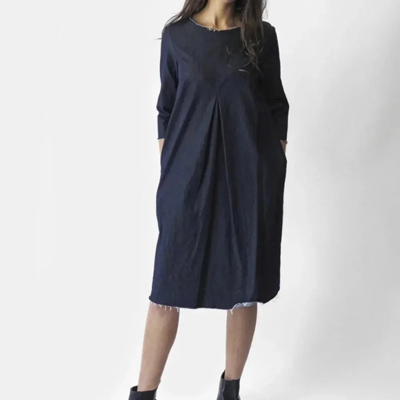 Erica Tanov Blue Denim Rye Dress Pockets Striped Size 4 XL - Picture 1 of 10